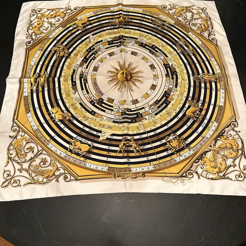 Authentic Hermes Carre 90 … stunning black & gold sundial design